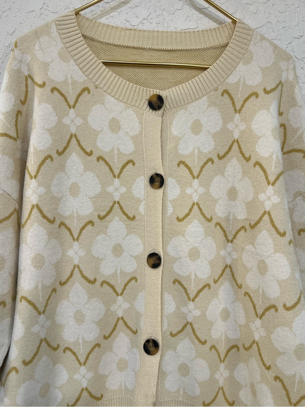 Floral Retro Knit Button Cardigan Sweater Beige Cream Large - Picture 4 of 9